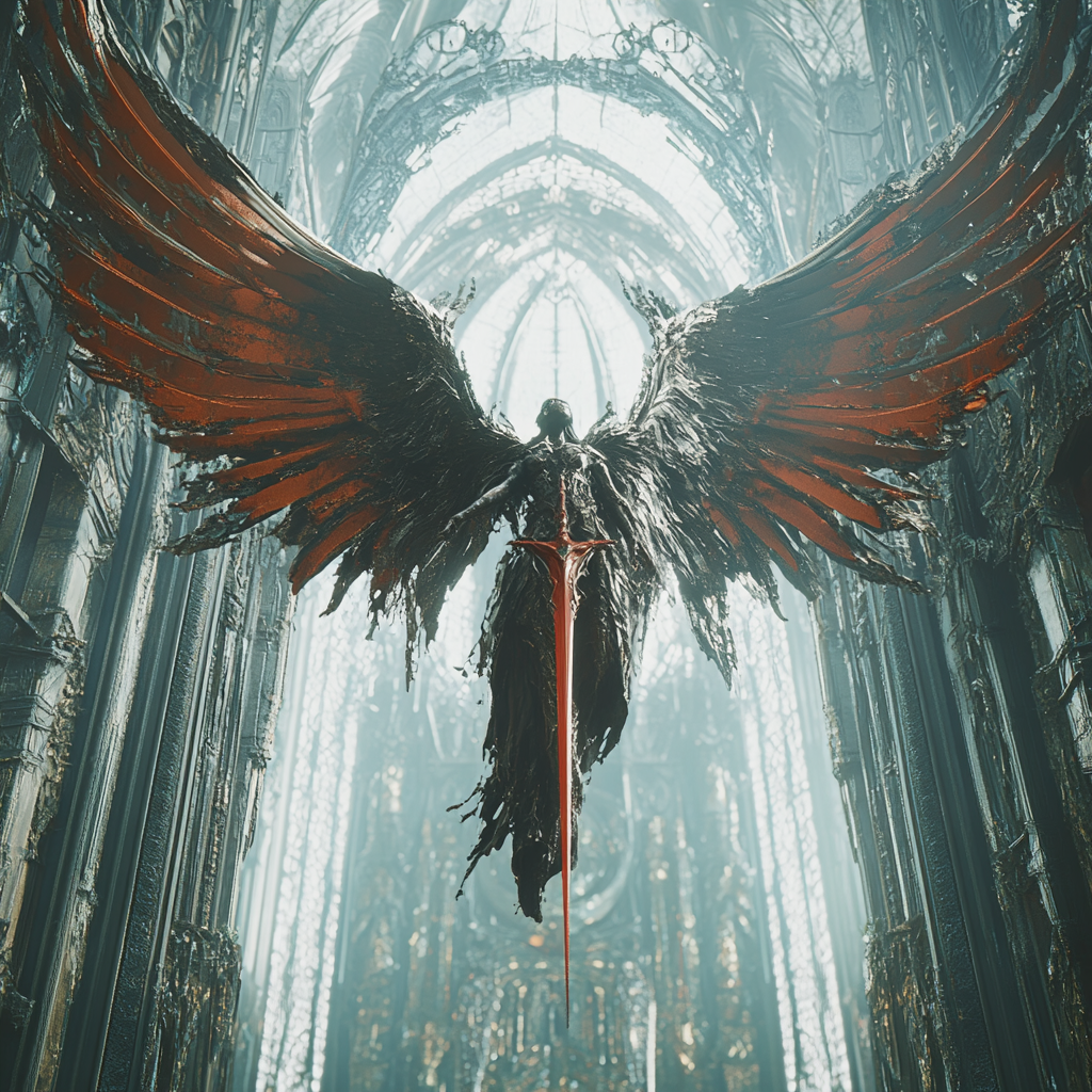 Fallen angel with wings hovering in futuristic cathedral setting.