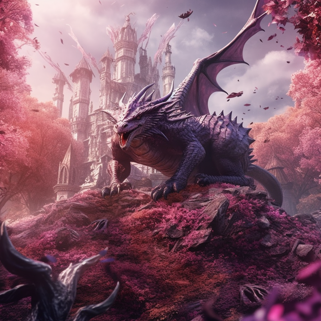 Fallen kingdom with dragon, bones, weapons, purple hues.