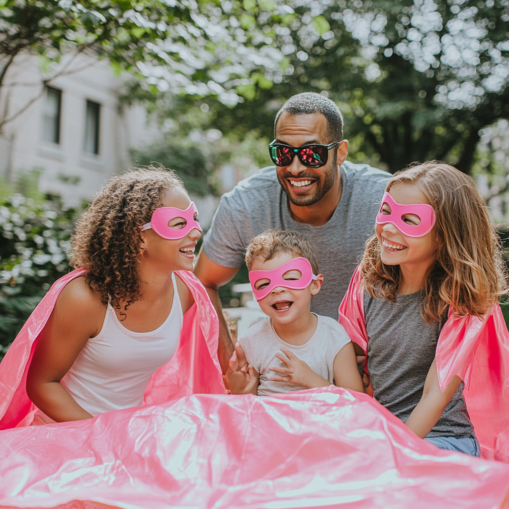 Families have fun playing superheroes with pink costumes.