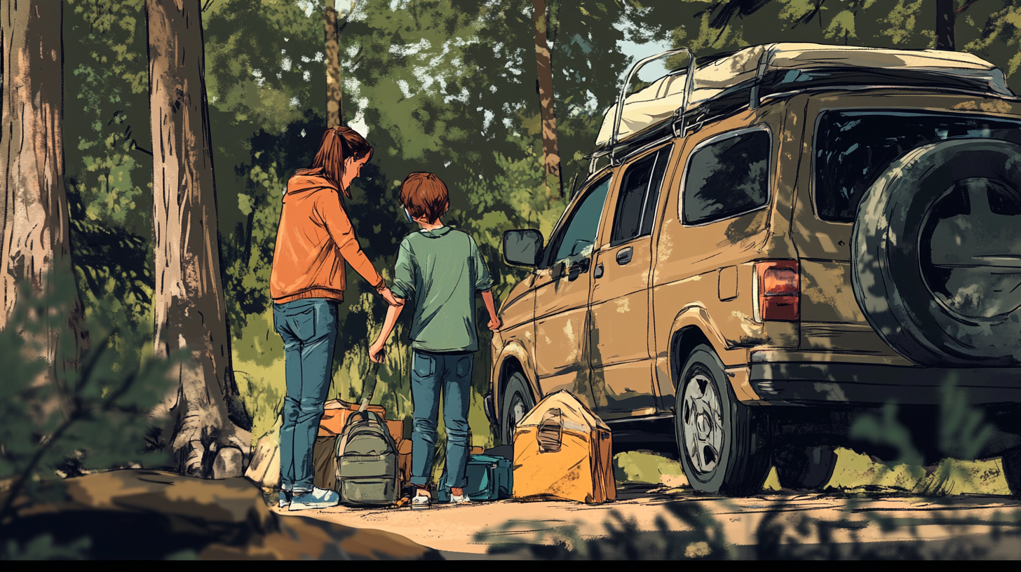 Family Camping Trip: Parents, Daughter Unpack Car