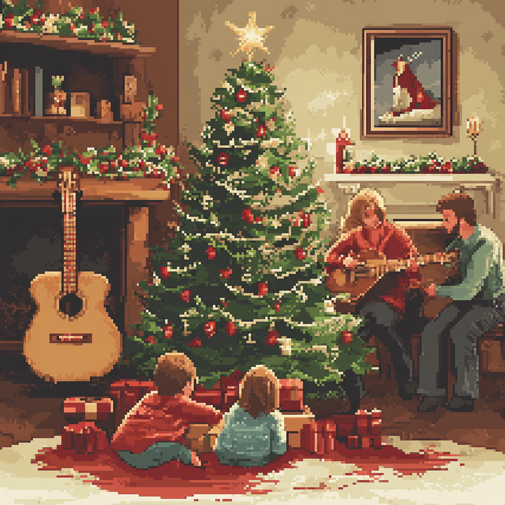 Family Christmas scene with stocking, kids, parents, guitar