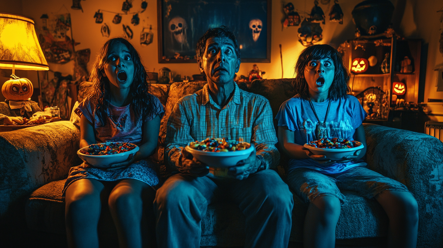 Family Enjoying Halloween Horror Movie Together