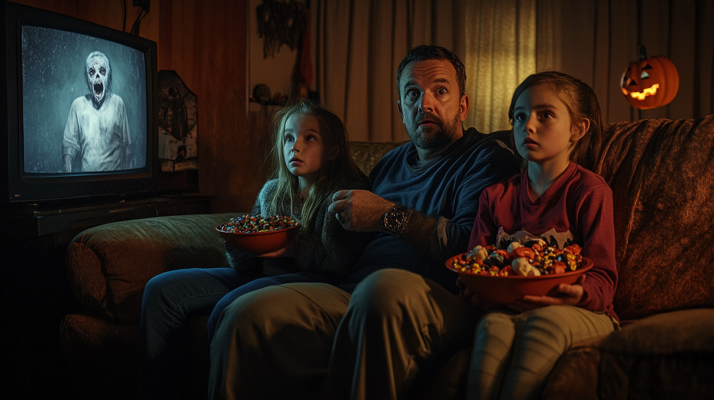 Family Watching Halloween Movie with Candy Bowls