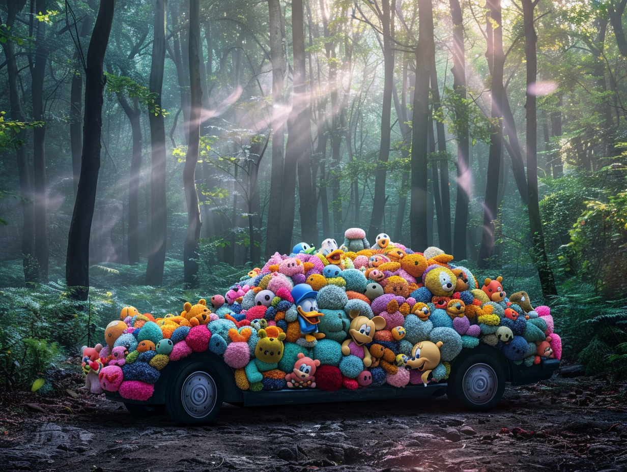 Family car made of Disney plush toys in forest.