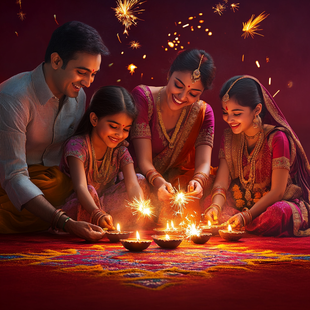 Family celebrates Diwali with fireworks, traditional attire.