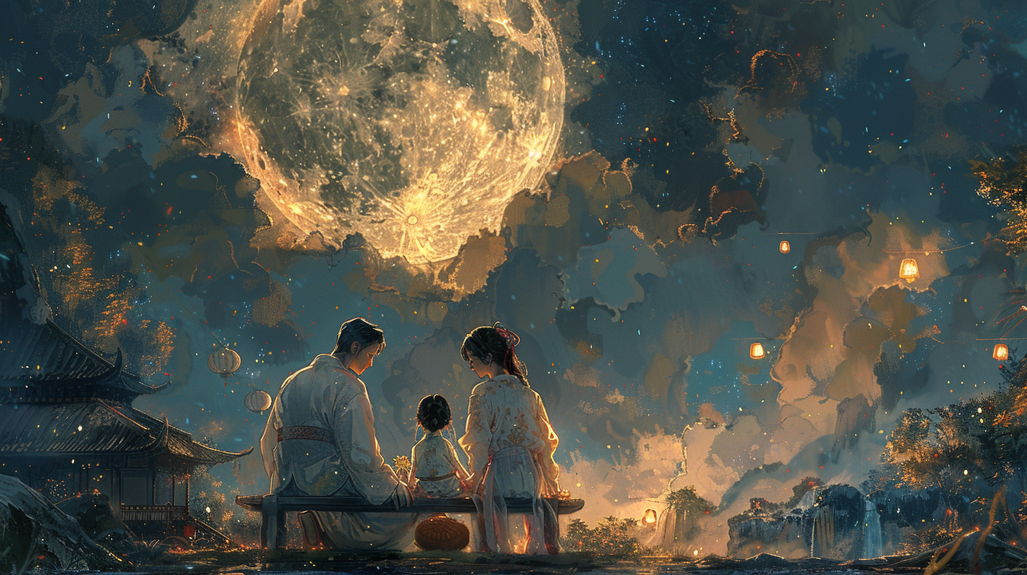 Family crafting lanterns and mooncakes beneath glowing full moon.