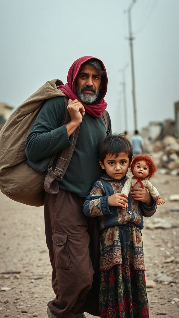 Family displaced by war, father with bag, child holds doll.