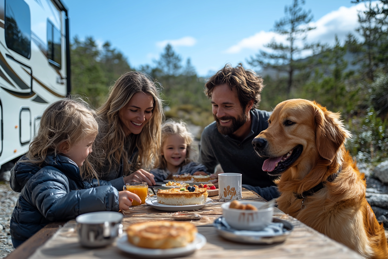 Family enjoying breakfast in front of RV at 10am.