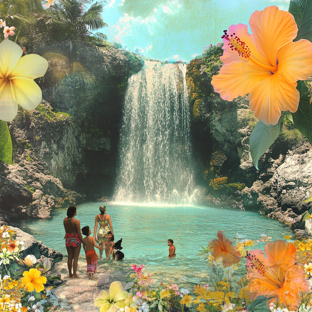 Family enjoys tropical pool with waterfall, pets by flowers