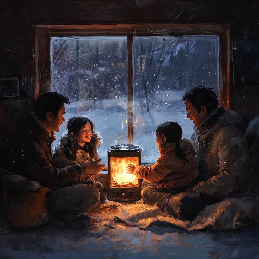 Family enjoys warmth and stories by heater