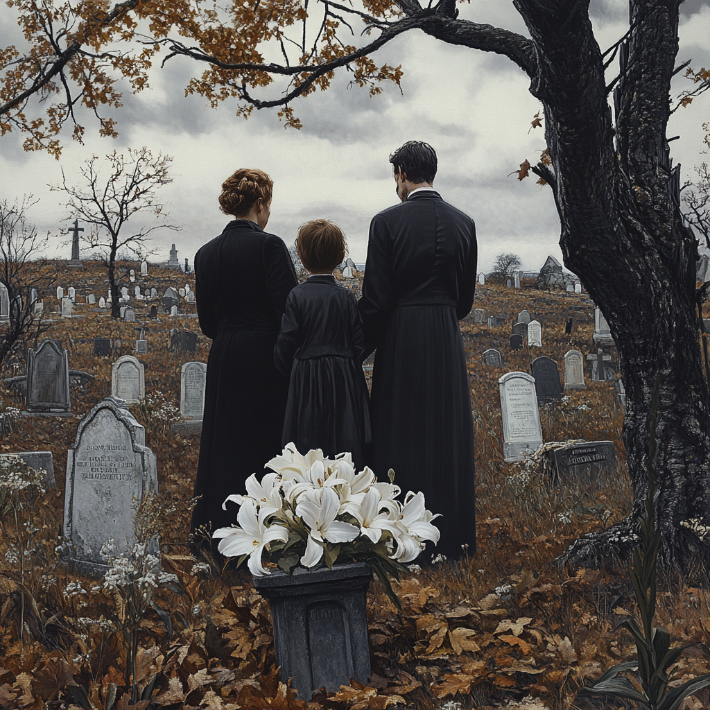 Family grieving at cemetery, realistic detail, somber atmosphere.