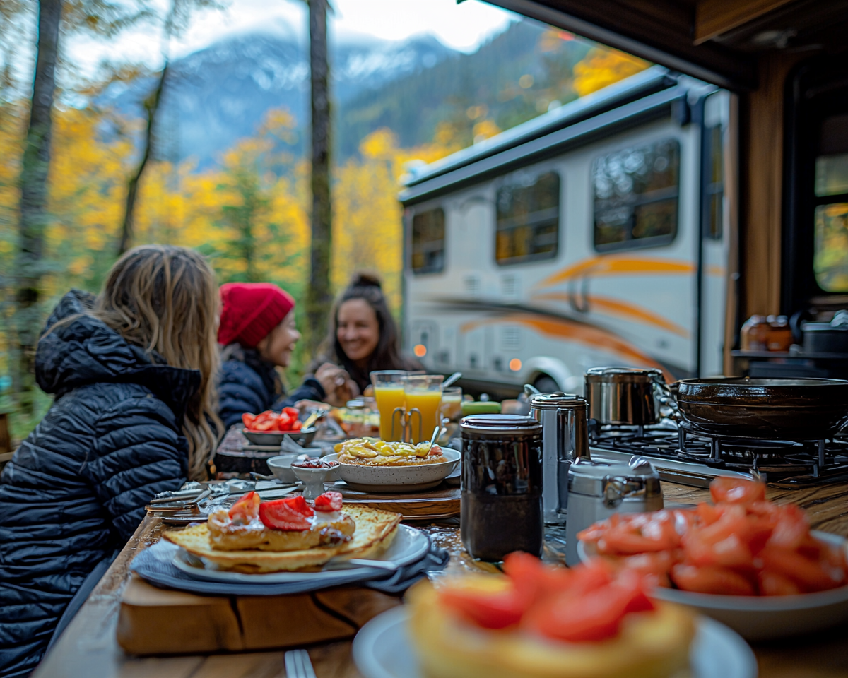 Family having breakfast by RV in forest