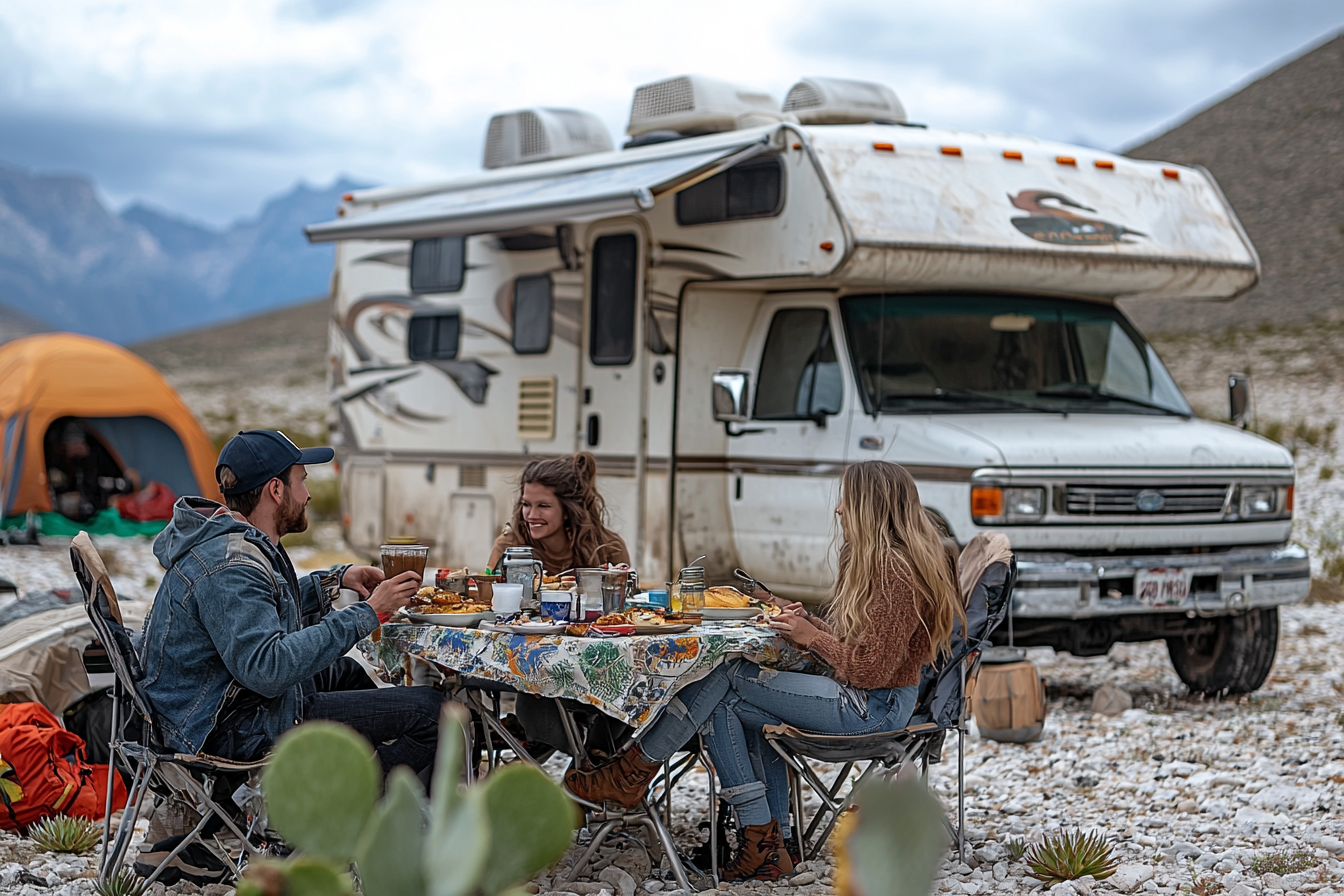 Family having breakfast in front of RV at 10am.