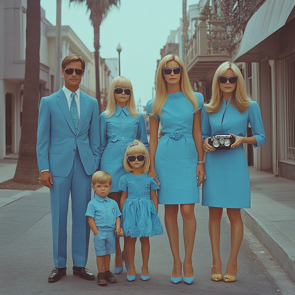 Family in blue outfits pose for fashion magazine photo.