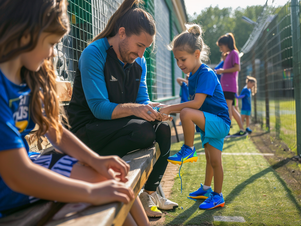 Family moments: Parents helping child wear football boots