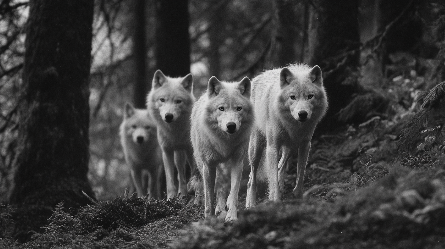 Family of Arctic wolves exploring Alaskan forest, black & white.