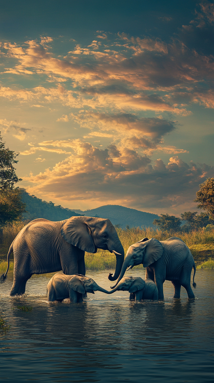 Family of Elephants Playing in African Lake