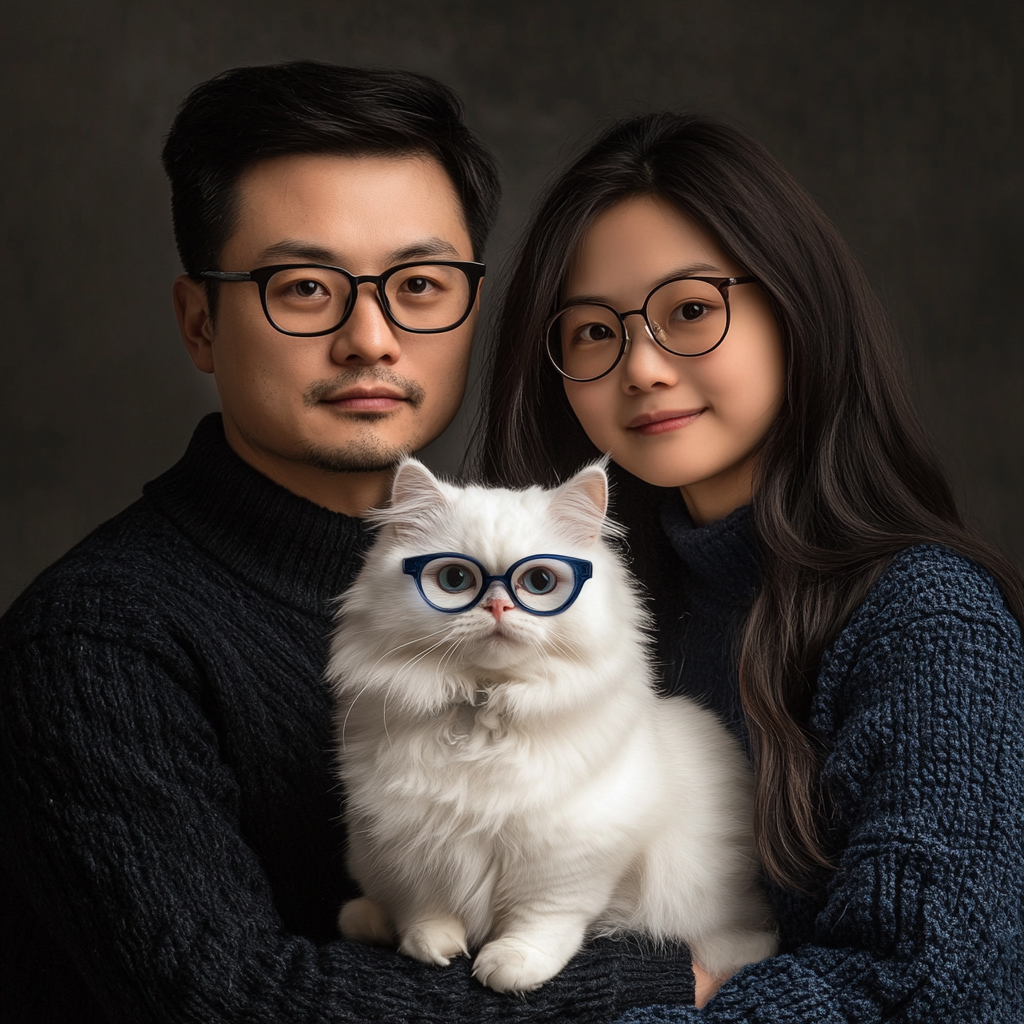 Family of four in China with white cat in photo.