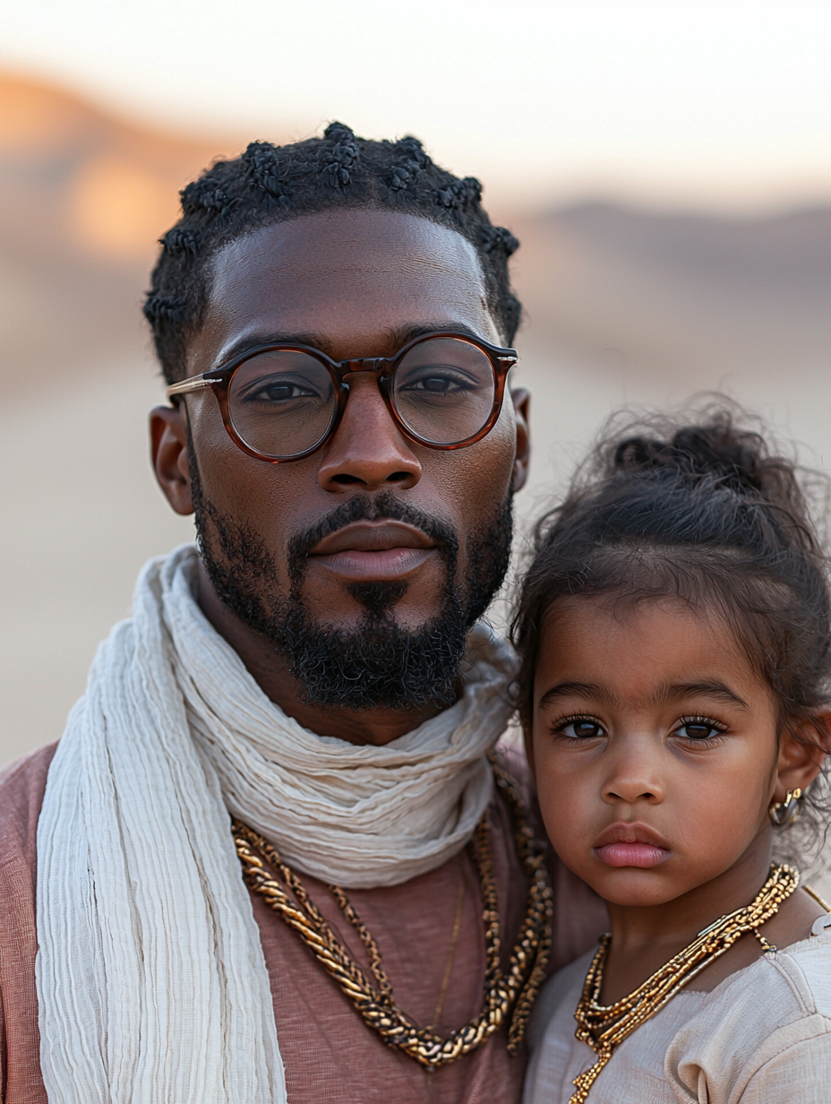 Family of three in Dubai desert at sunset.