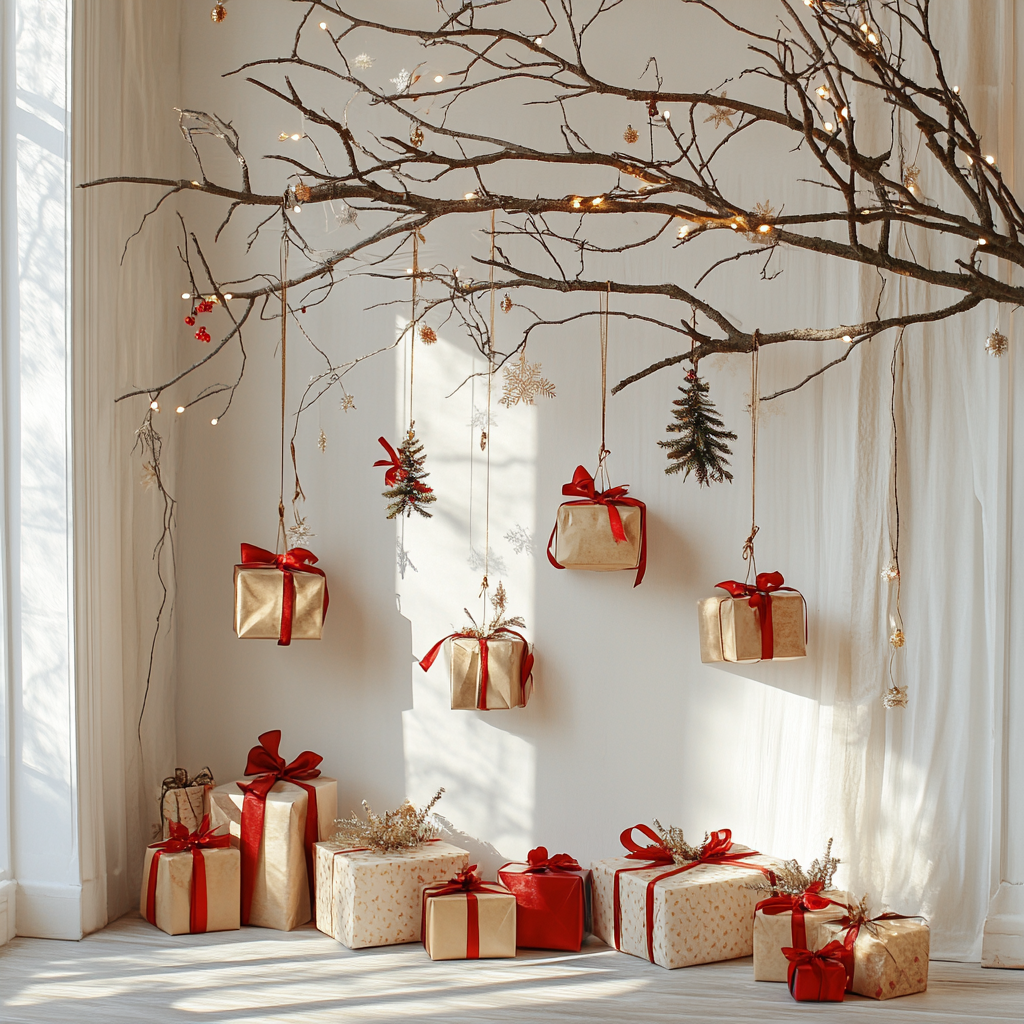 Family photo zone with fir branches and gifts