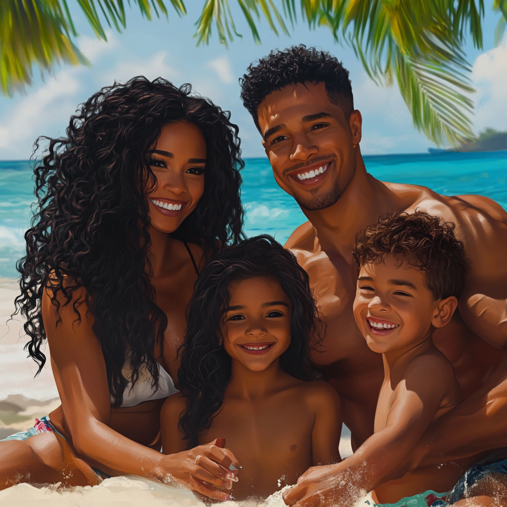 Family playing on beach, mother with long curly hair.