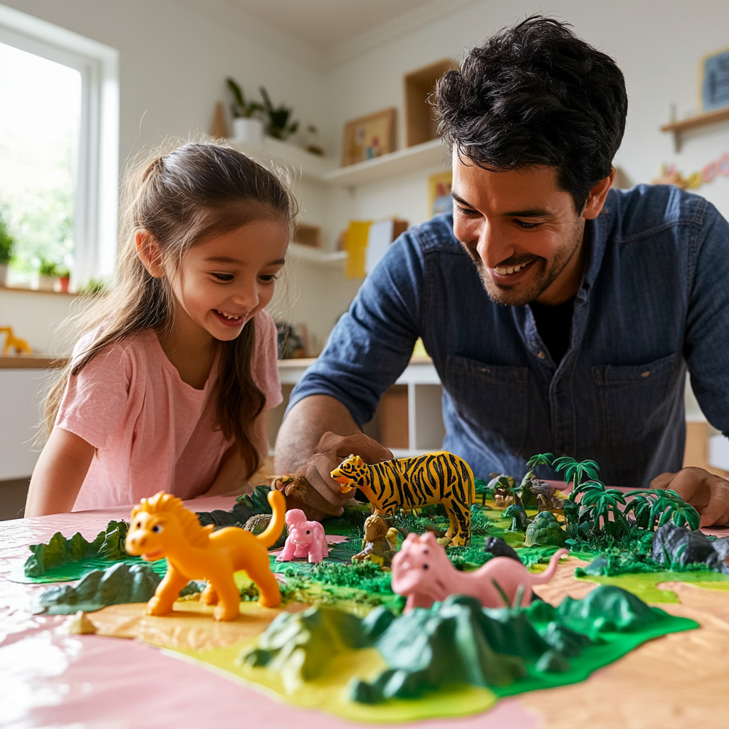 Family playing with pink toy animals in jungle scene.