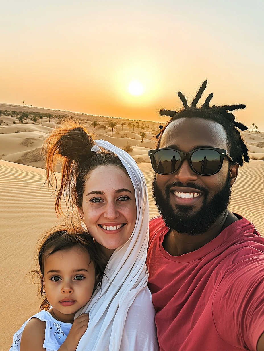 Family portrait in Dubai desert at sunset