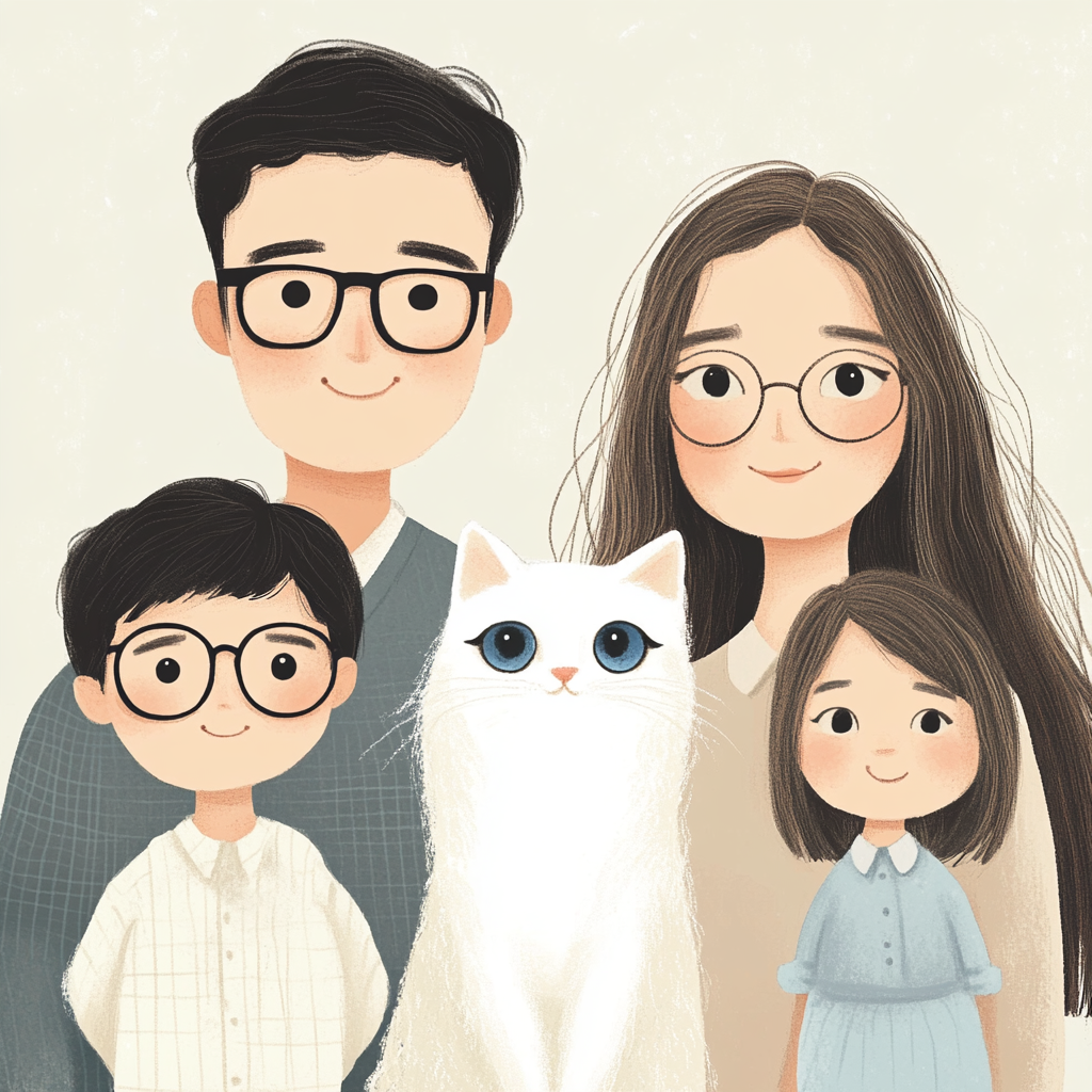 Family portrait of father, mother, brother, sister, and cat.