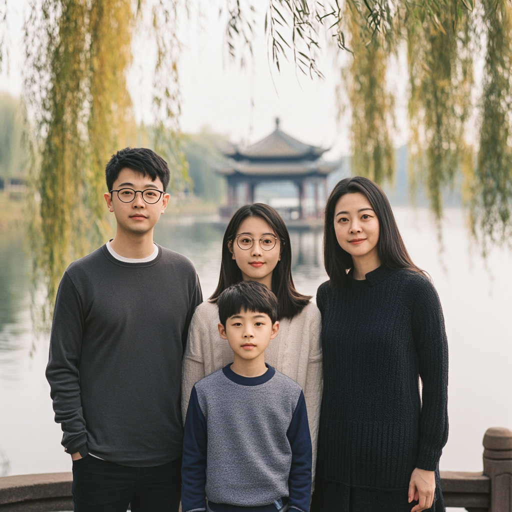 Family portrait with West Lake backdrop. Glasses-wearing parents, two kids.