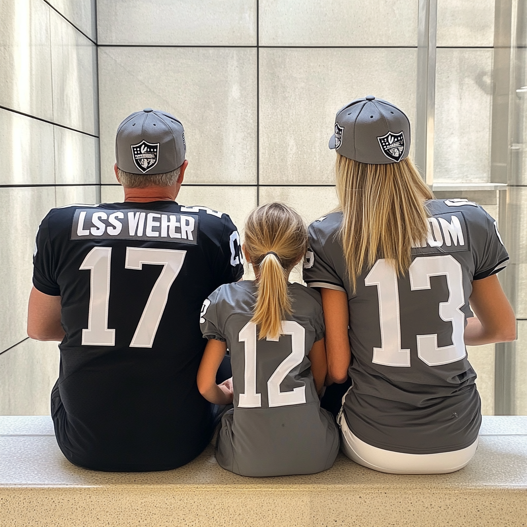 Family sitting together wearing Raiders jerseys with numbers.