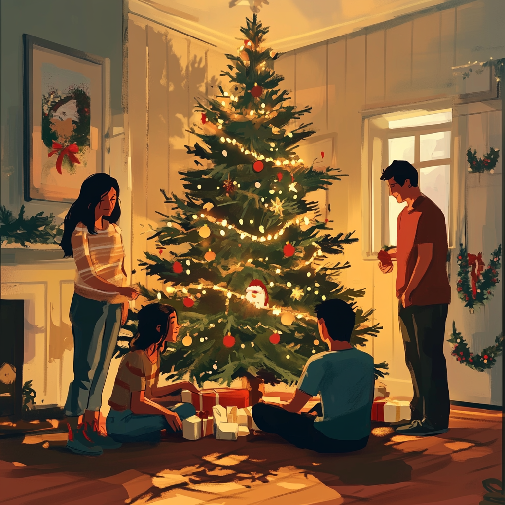 Family sitting under Christmas tree with parents watching