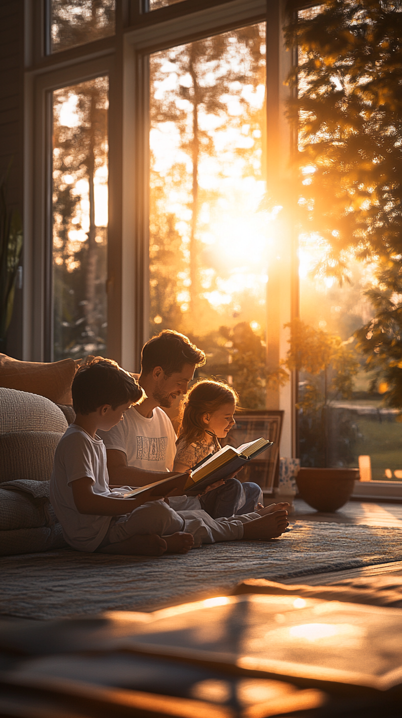 Family studies Bible in 2024 living room - golden-hour glow.