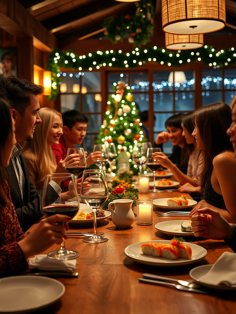 Fancy Christmas party with sushi and wine glasses.