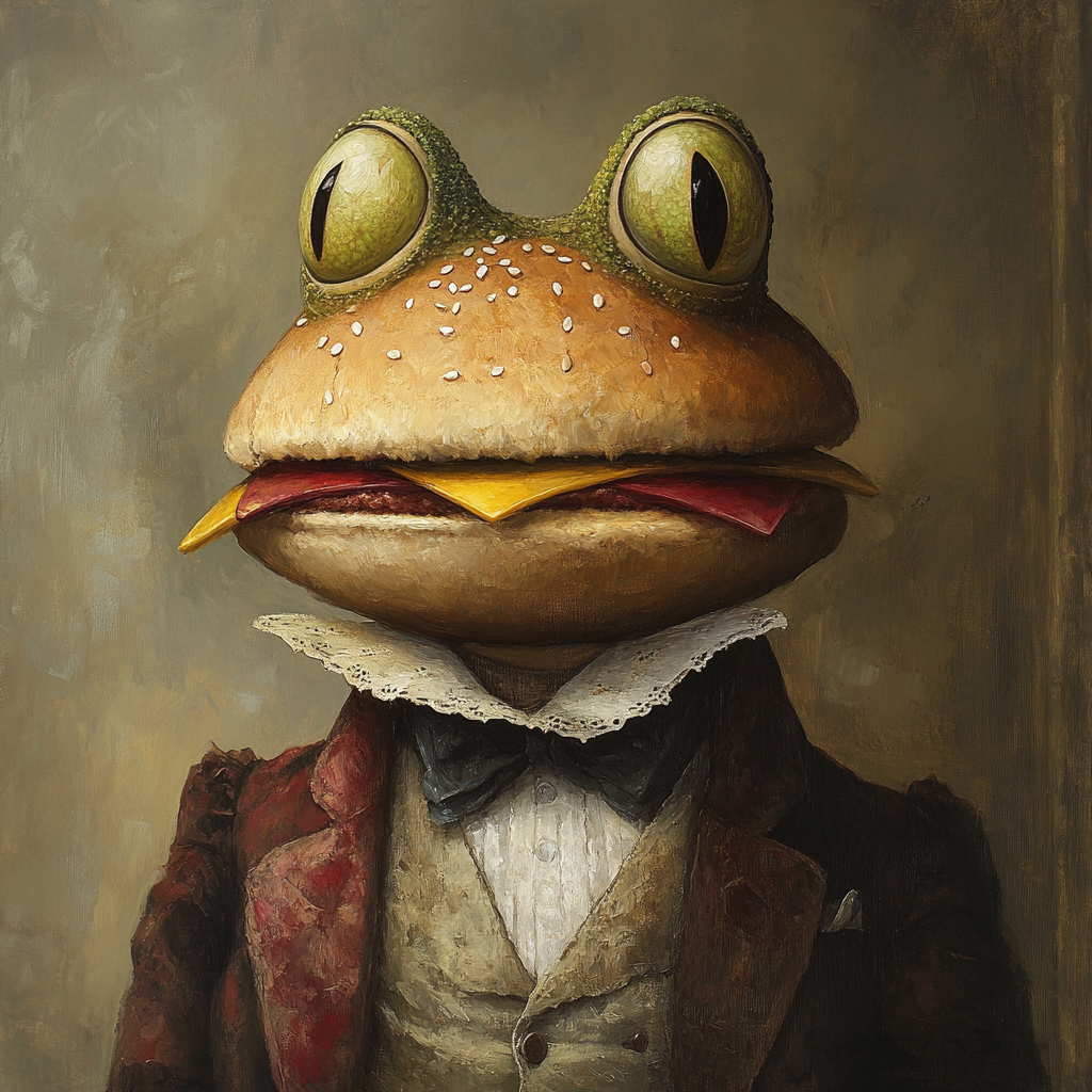 Fancy mayor with hamburger head and frog eyes.