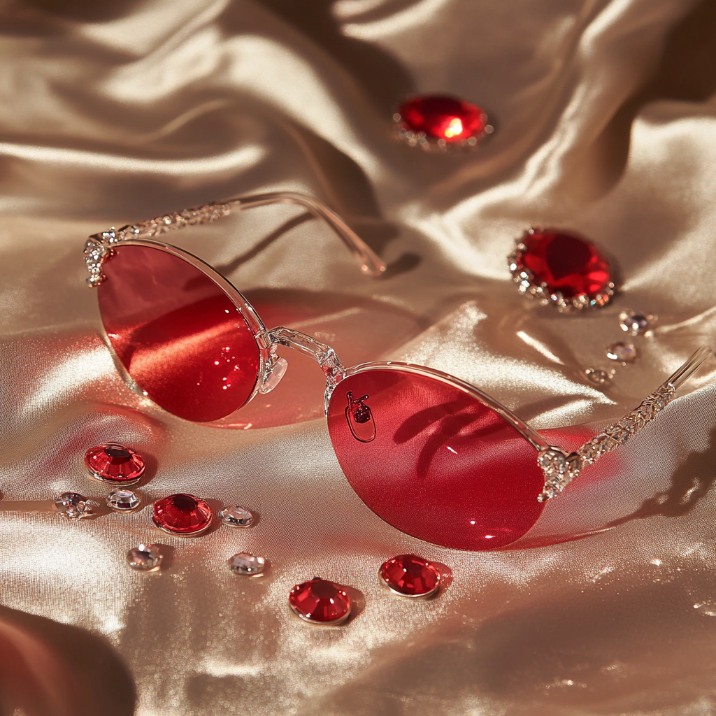 Fancy red eye glasses on shiny table with rhinestones