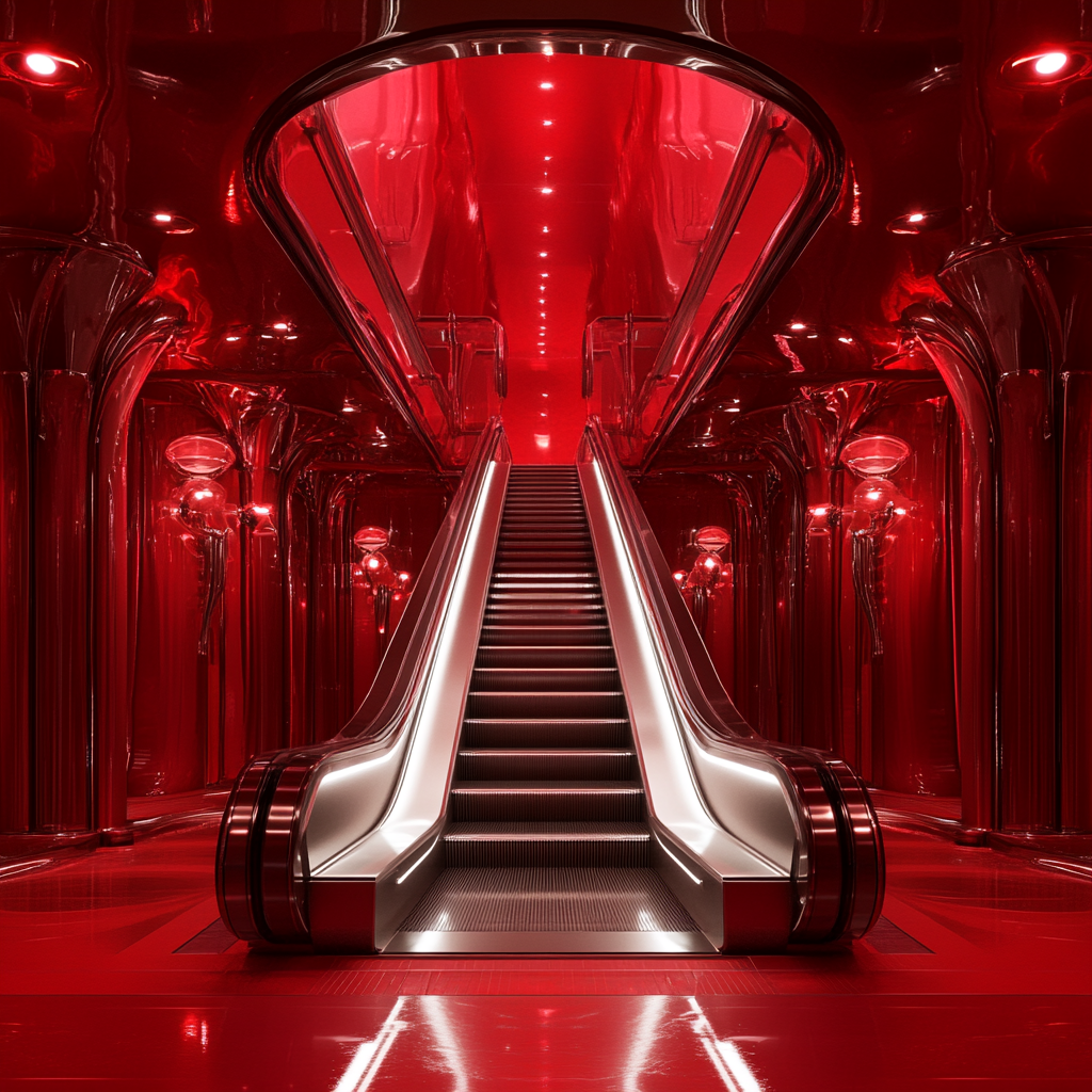 Fancy silver escalator in red room with spotlights