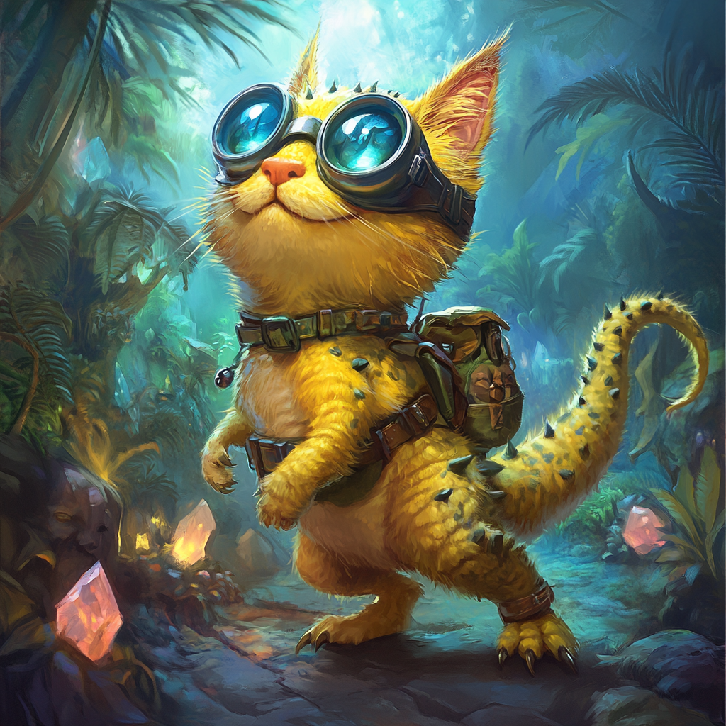 Fantastical creature blends cat, dinosaur, minion features in jungle.