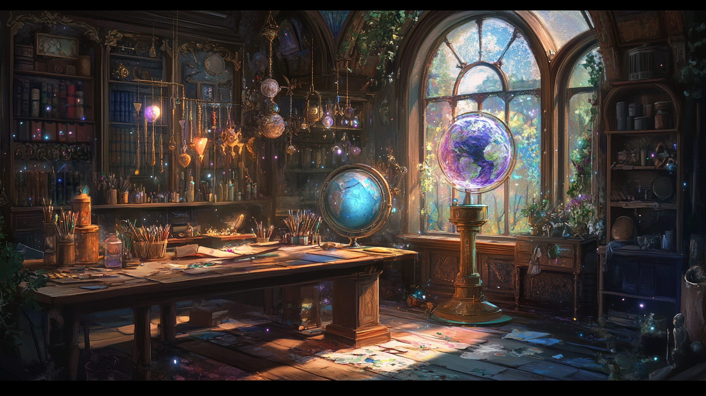 Fantasy Artists' Workshop with Magical Tools, Moonlight, and Globe