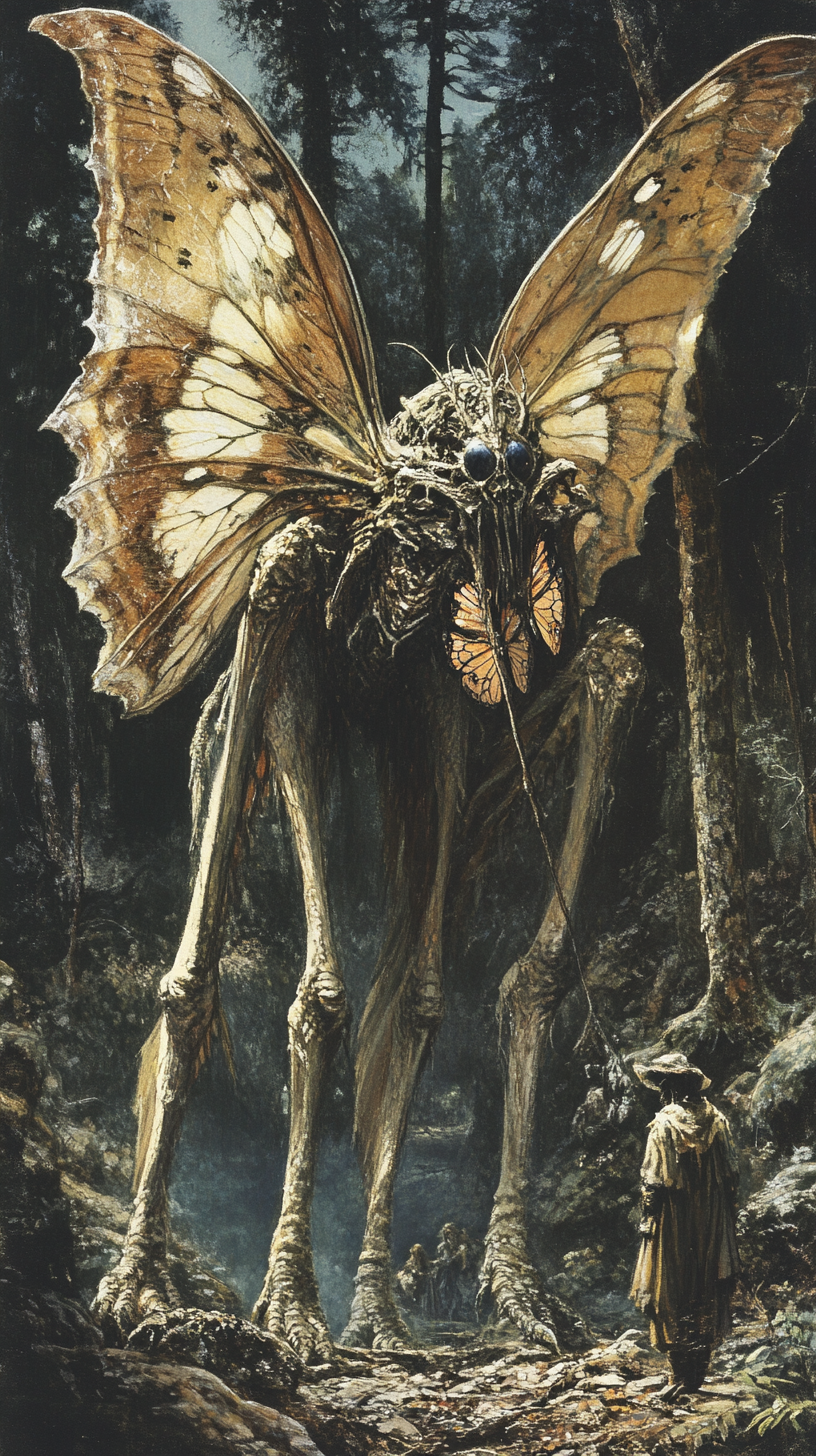 Fantasy Butterfly-Winged Giant in Forest Illustration 1970s Style 