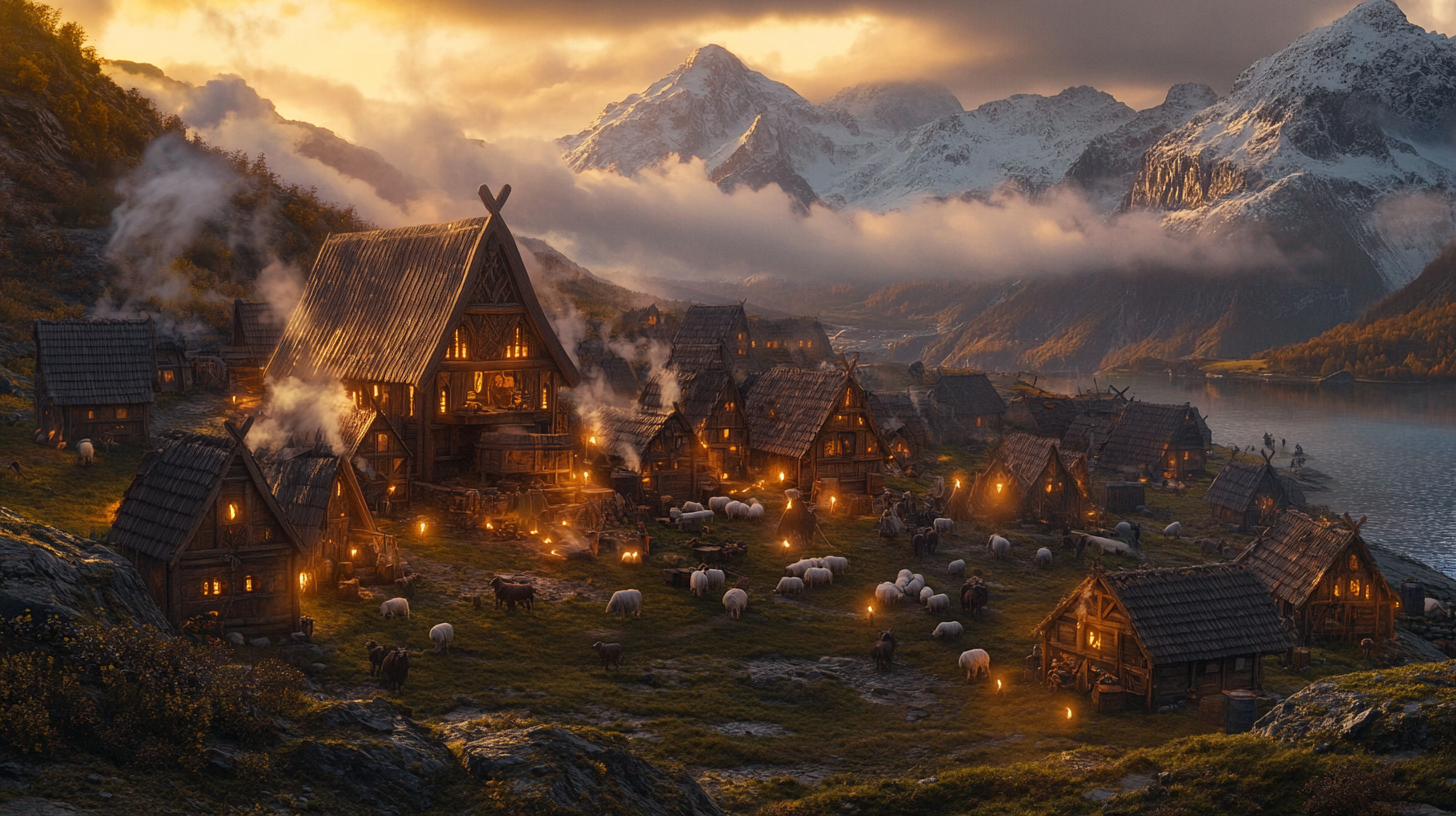 Fantasy D&D movie scene: Viking village with army.