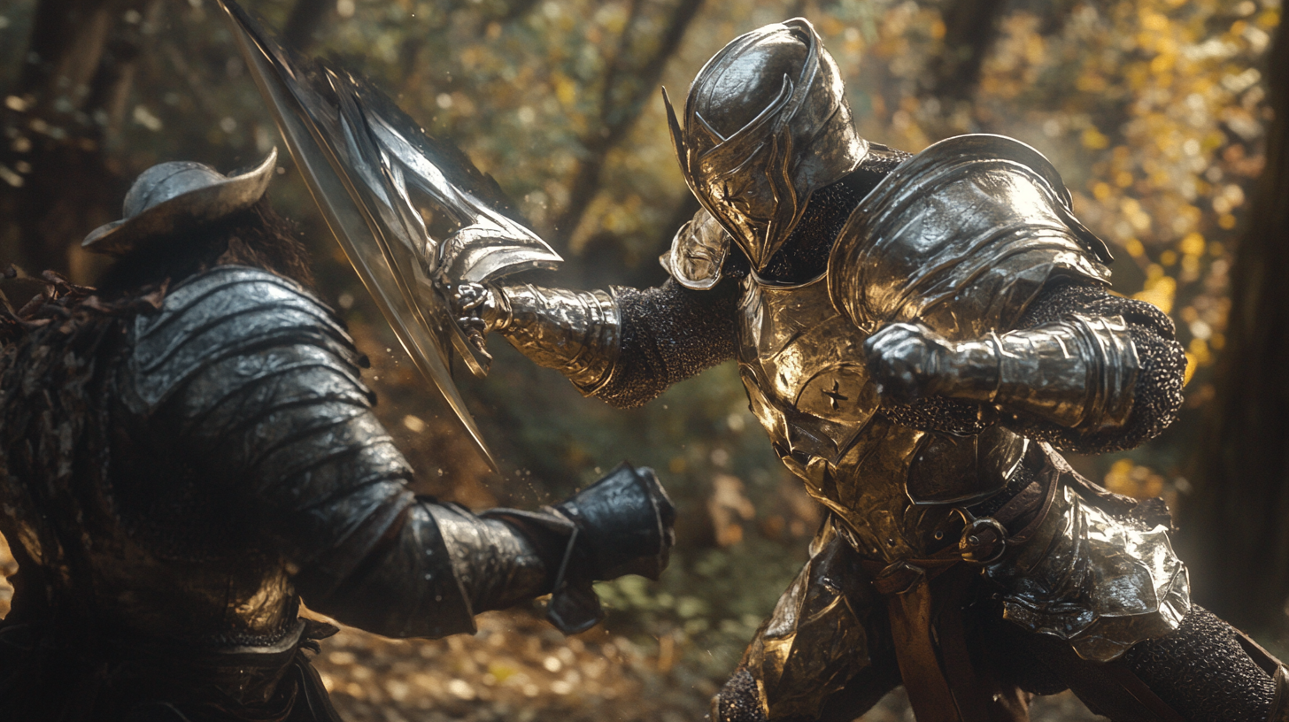 Fantasy D&D movie still: Elven King battles orcish champion