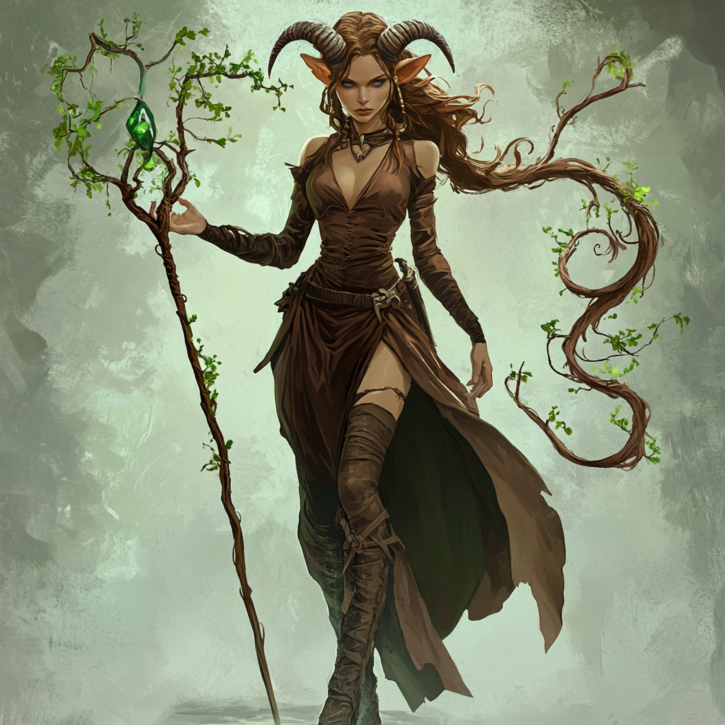 Fantasy Female Satyr in Brown Dress with Ornamental Staff