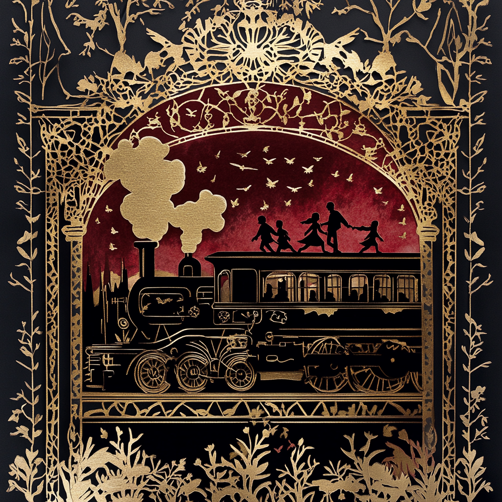 Fantasy Hogwarts Express train scene with gold accents.