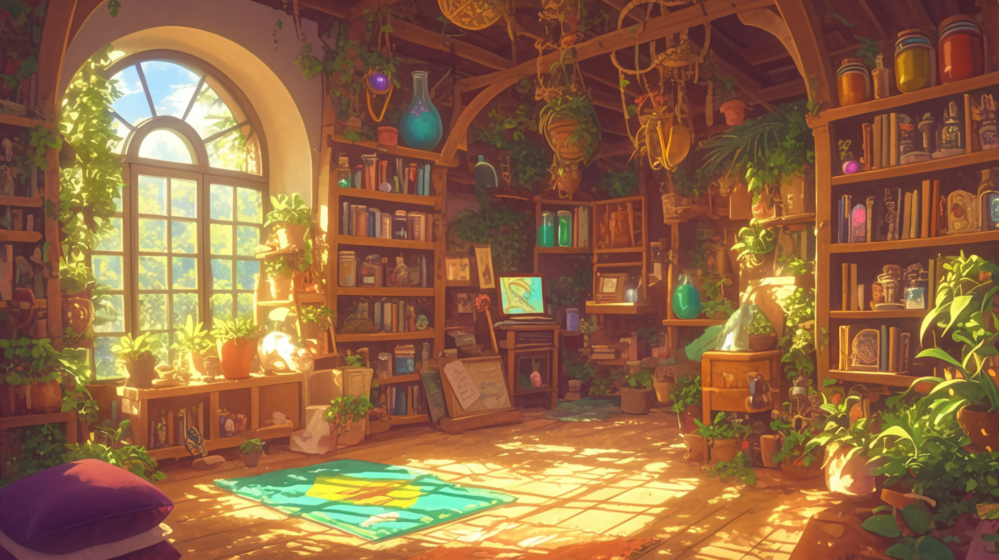 Fantasy Studio, Serene Ghibli-style Room with Greenery