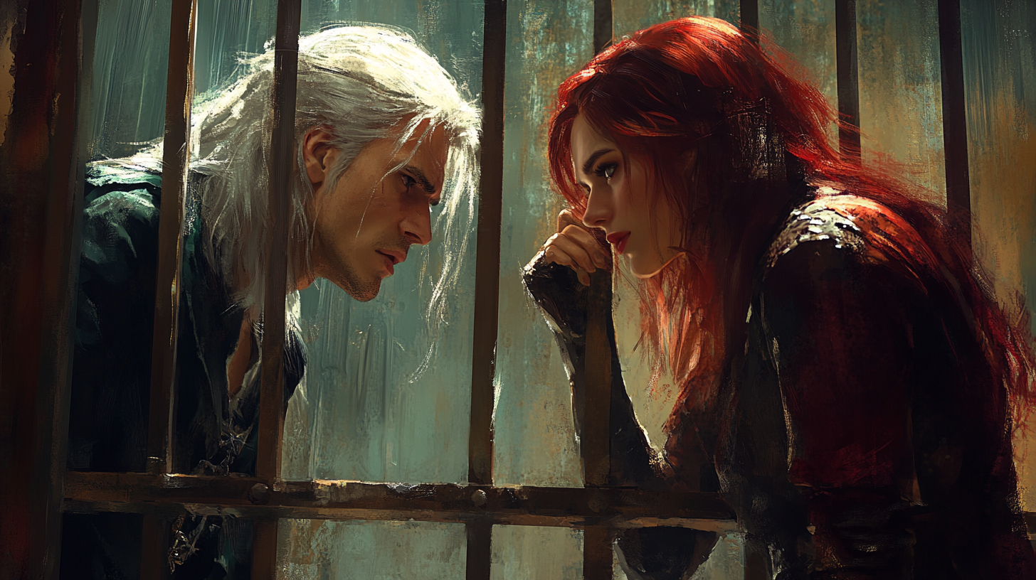 Fantasy art of woman and man in prison.