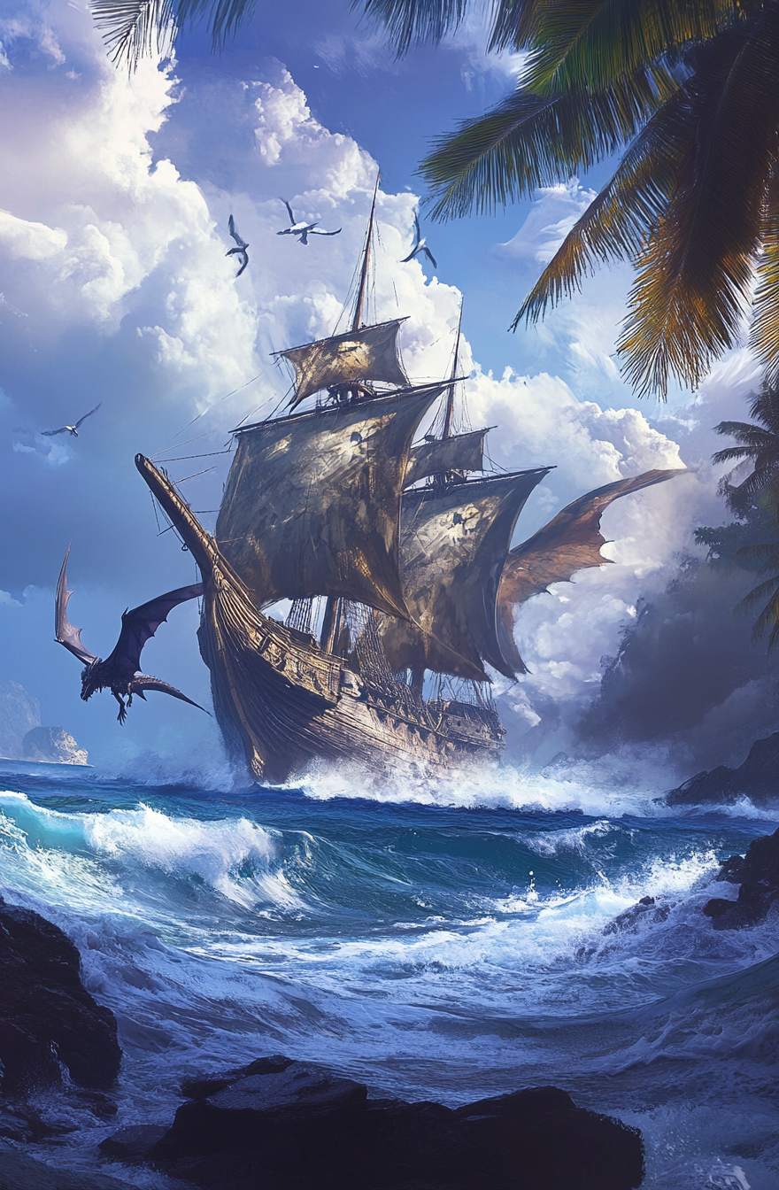 Fantasy artwork of dragon attacking pirate ship.