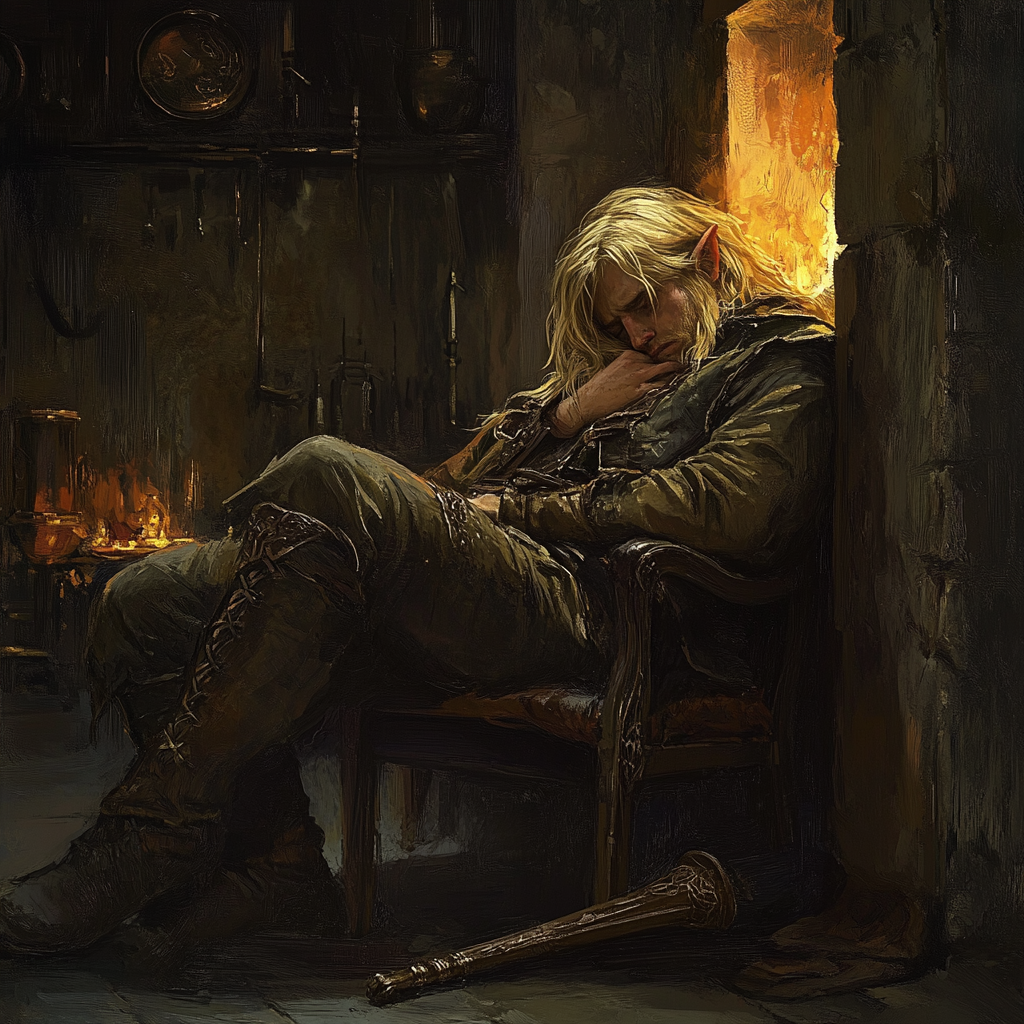 Fantasy book cover features sleeping blond elf bard.