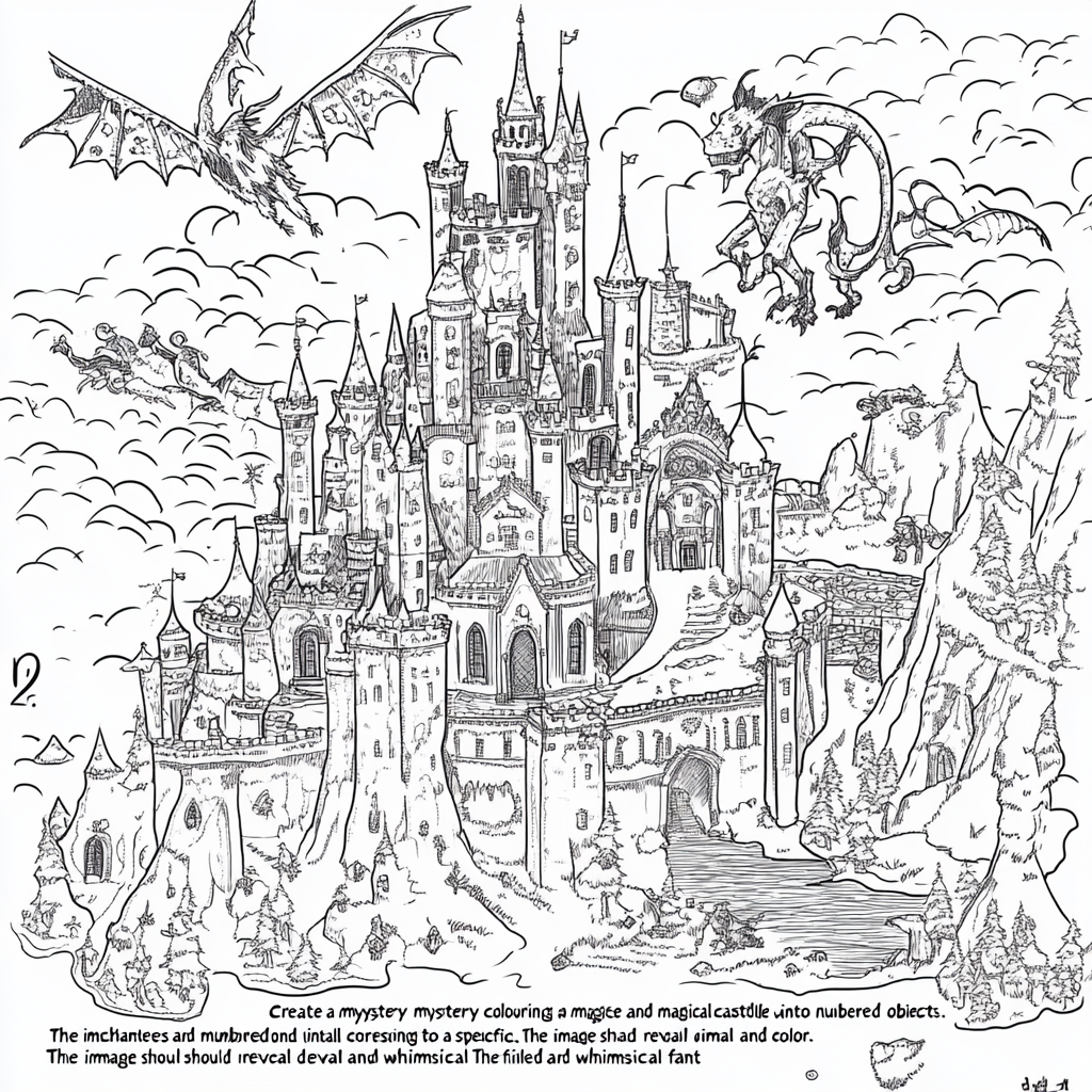 Fantasy castle coloring page with enchanted creatures and objects.