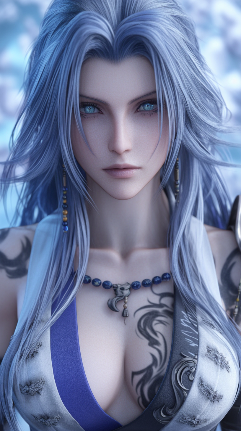 Fantasy character with blue hair, clothes, and tribal tattoos.