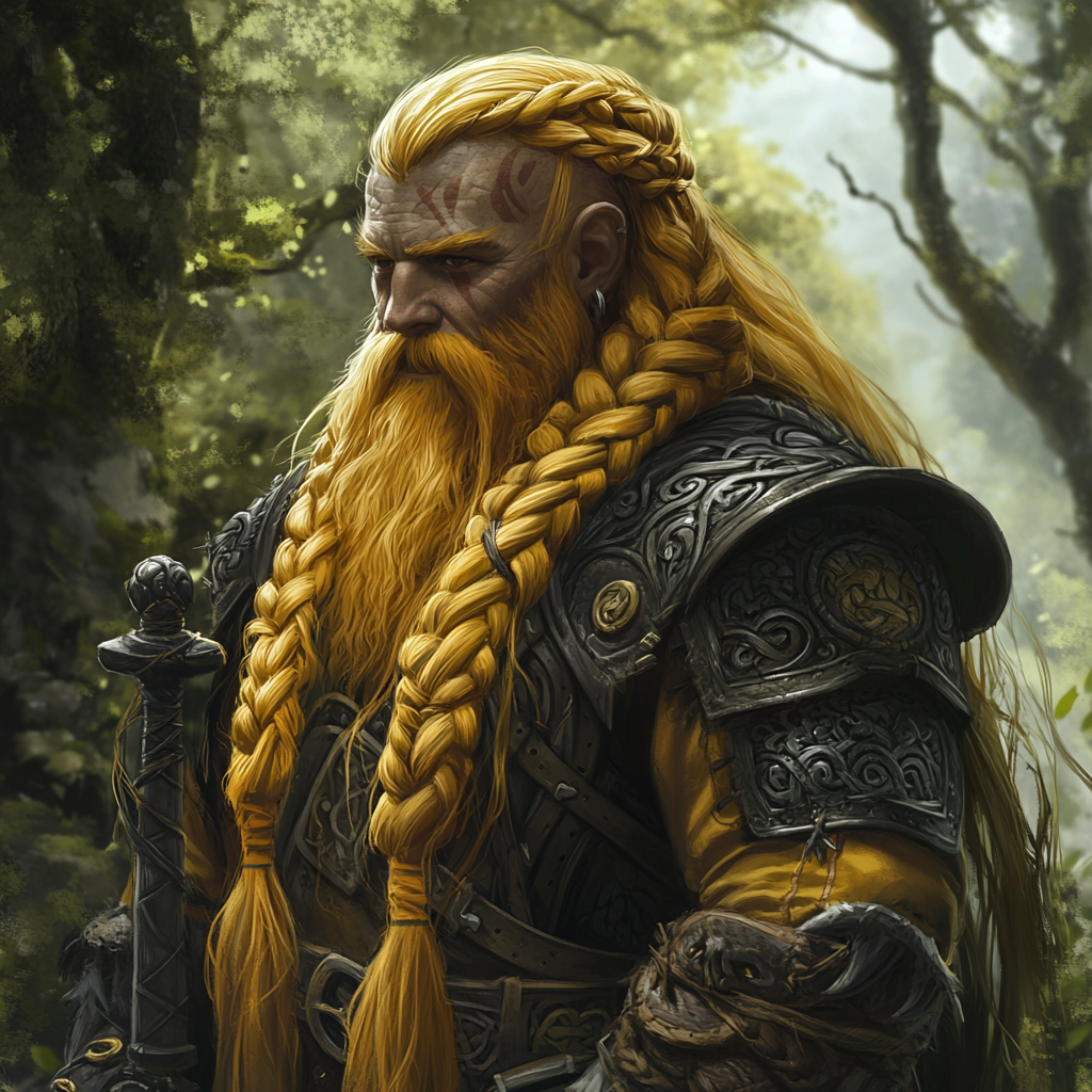 Fantasy dwarf warrior with yellow hair and braided beard.